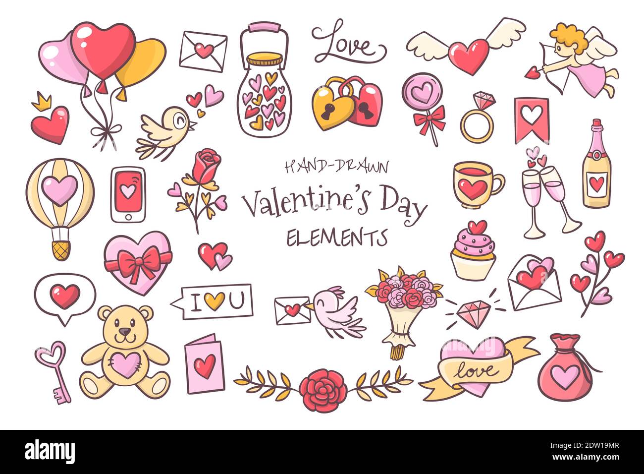 Set of cute hand drawn elements about love. Beautiful design elements isolated on white. Happy Valentine's Day background. EPS 10 vector illustration. Stock Vector