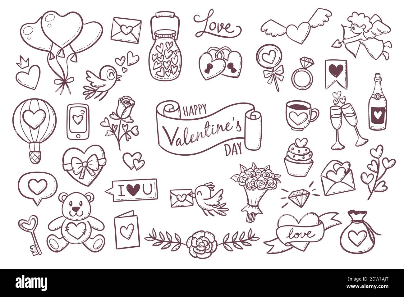Set of cute hand drawn elements about love. Design elements isolated on ...