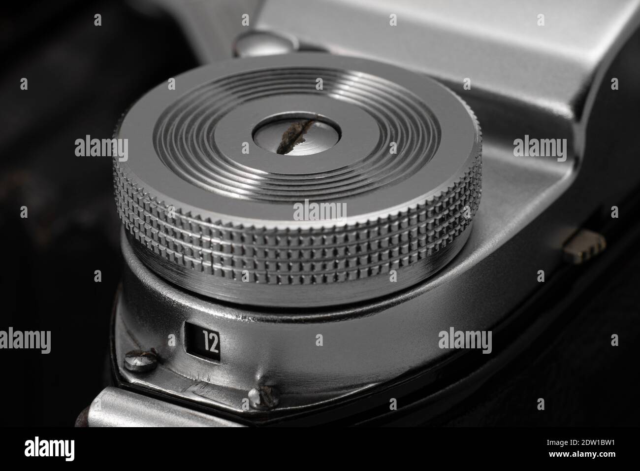 Frame counter and rewind knob on a vintage film camera Stock Photo