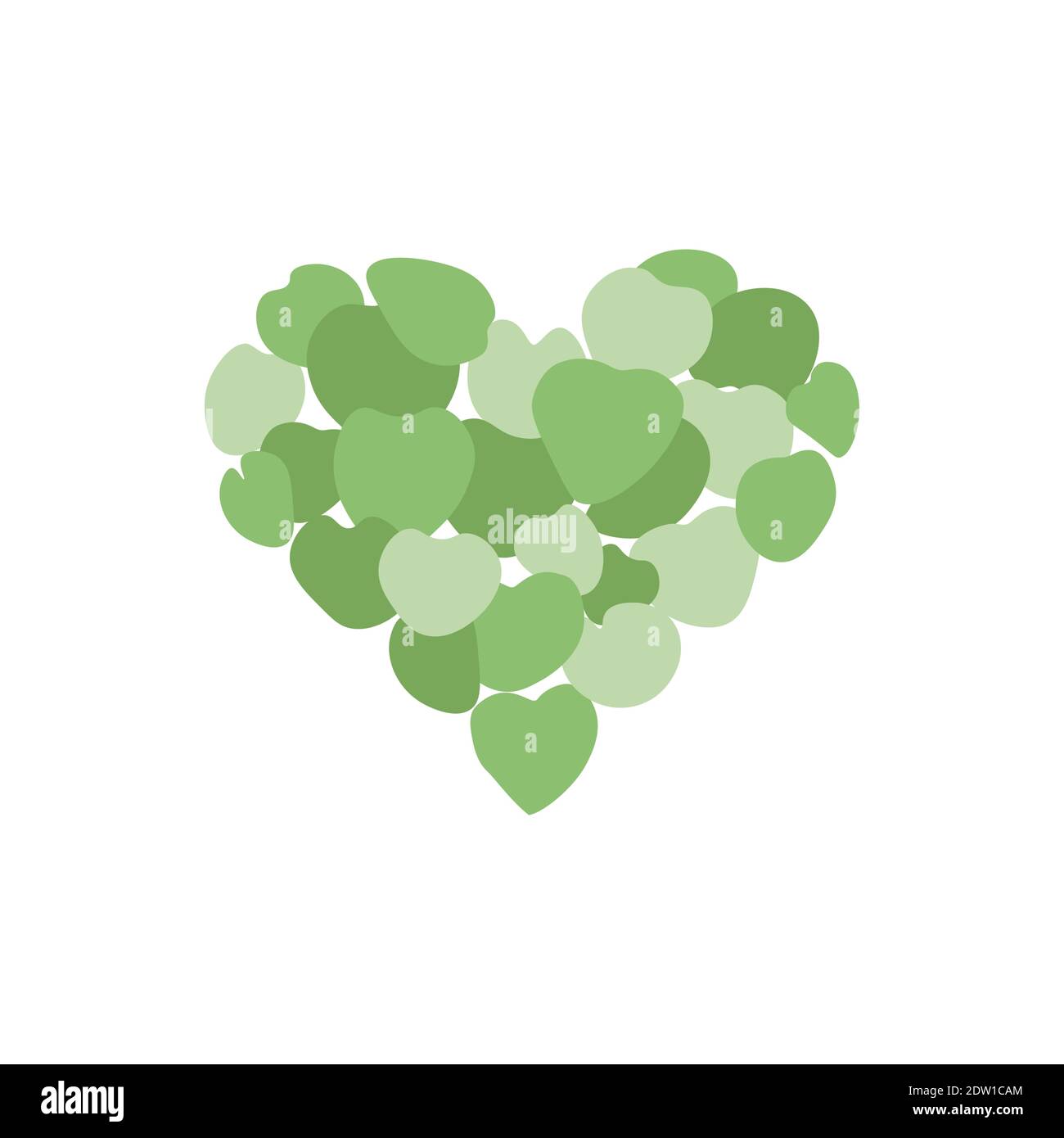 Green heart vector flat illustration isolated on white background. Big heart  sign consists of small dark green and light green hearts. Caring of  environment, ecology, world Earth day sign concept Stock Vector