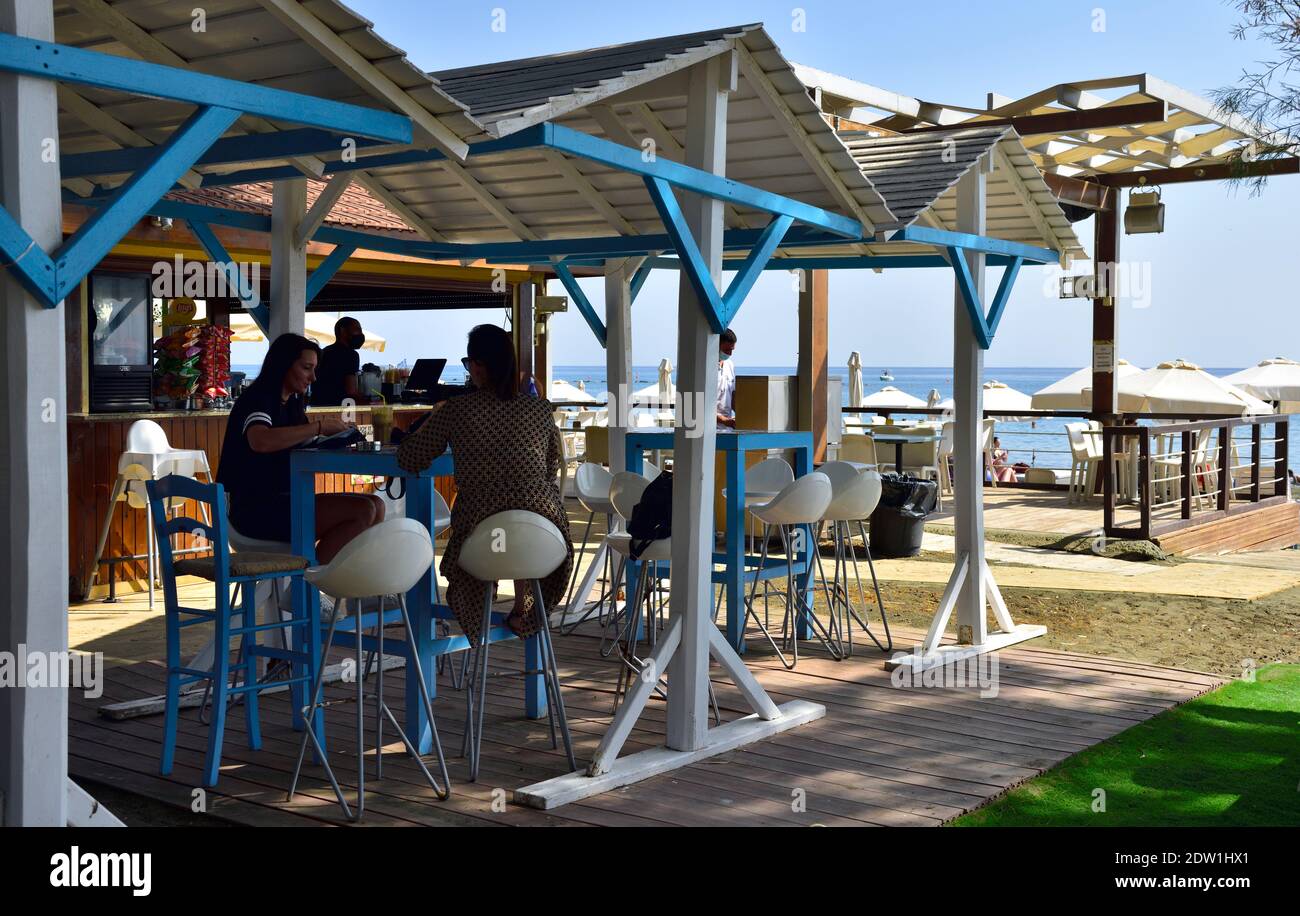Beach side restaurant, cafe at Dasoudi public beach, Limassol, Cyprus Stock Photo