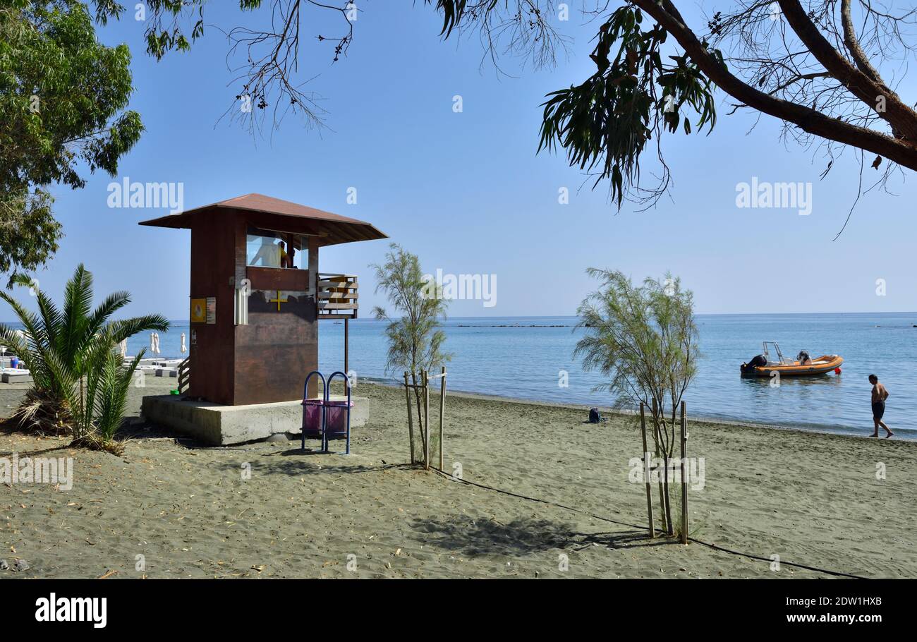 Beach and life guard station tower at Dasoudi public beach, swimming, sand, Mediterranean sea, Limassol, Cyprus Stock Photo