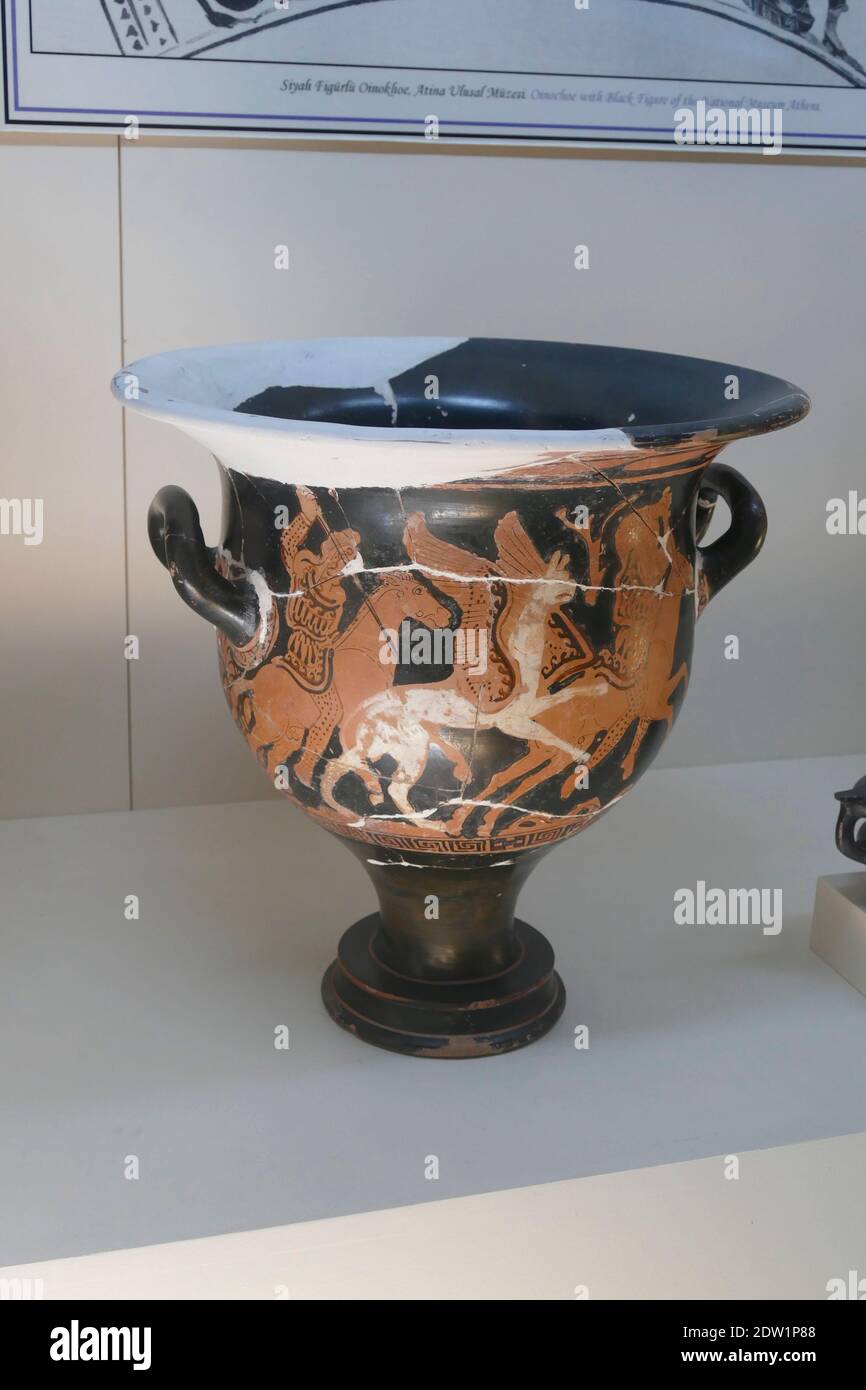 ANTALYA, TURKEY - SEP 14, 2019 - Classical Archaic Greek red on black pottery, 7th to 5th century BCE, Antalya, Turkey Stock Photo