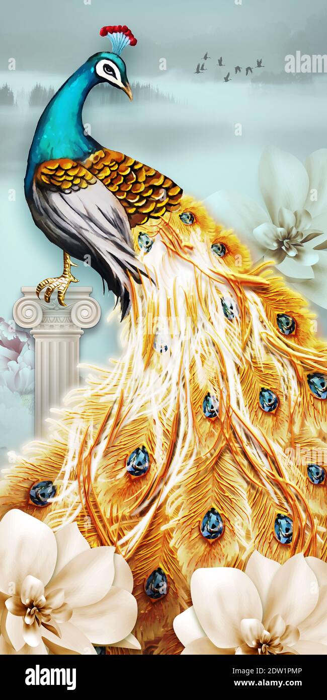 3d mural art peacock with golden flowers and classic background . paint  illustration art with flowers , decorative and golden Jewelery wallpaper .  co Stock Photo - Alamy