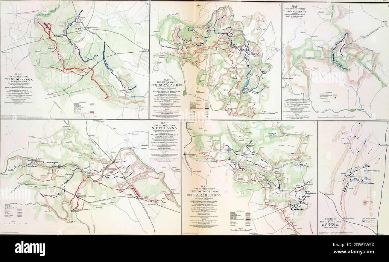 Map of battles of the Wilderness, Spotsylvania and North Anna, 1864 from Atlas to Accompany the Official Records of the Union & Confederate Armies, 18 Stock Photo