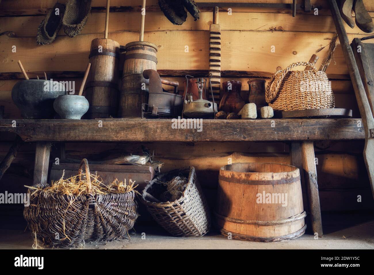 Retro houseware. Antique household items of belarusian peasant. Stock Photo
