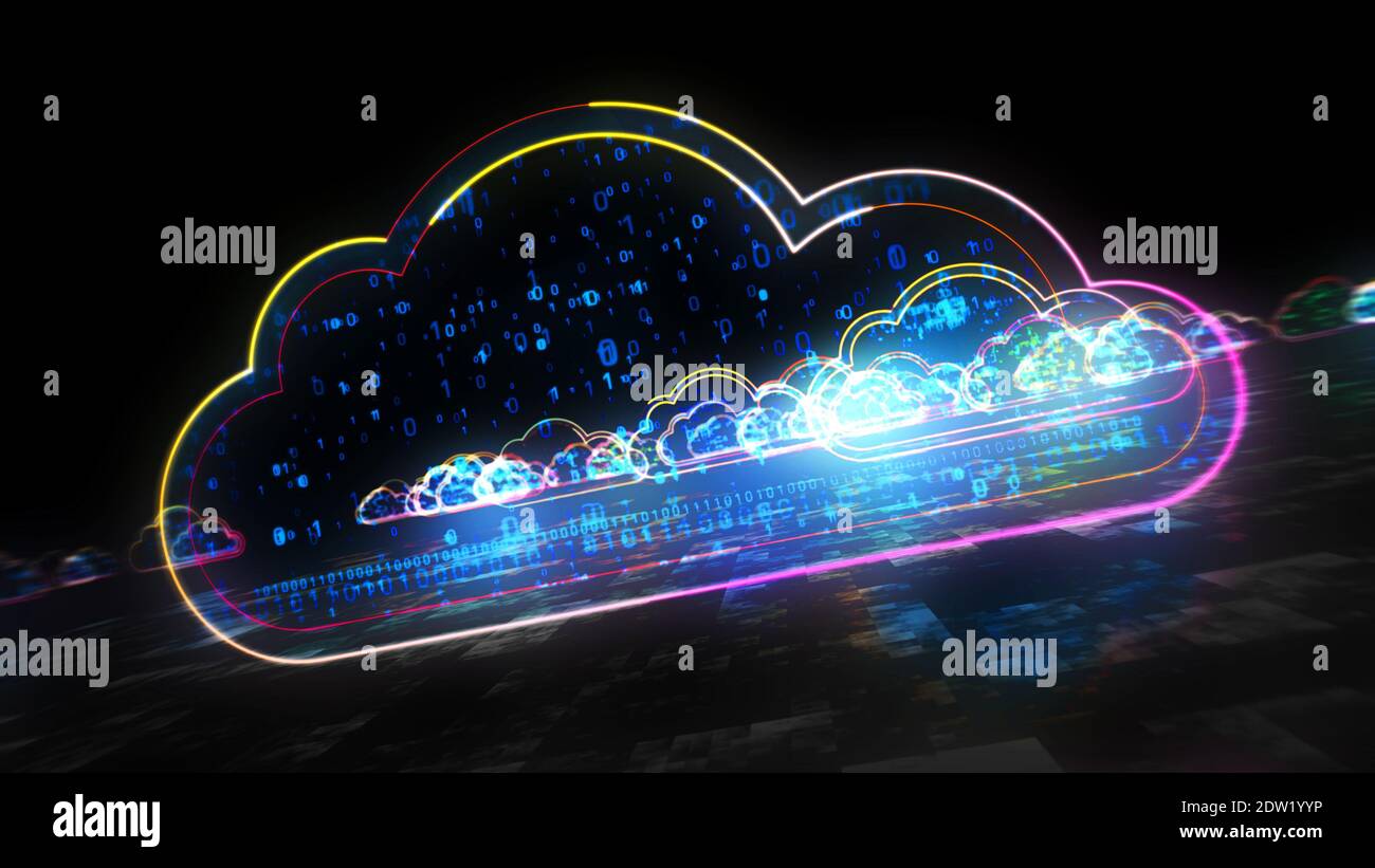Cloud symbol, digital data storage, computer technology, online database and cyber computing concept. Abstract neon 3d rendering illustration. Stock Photo