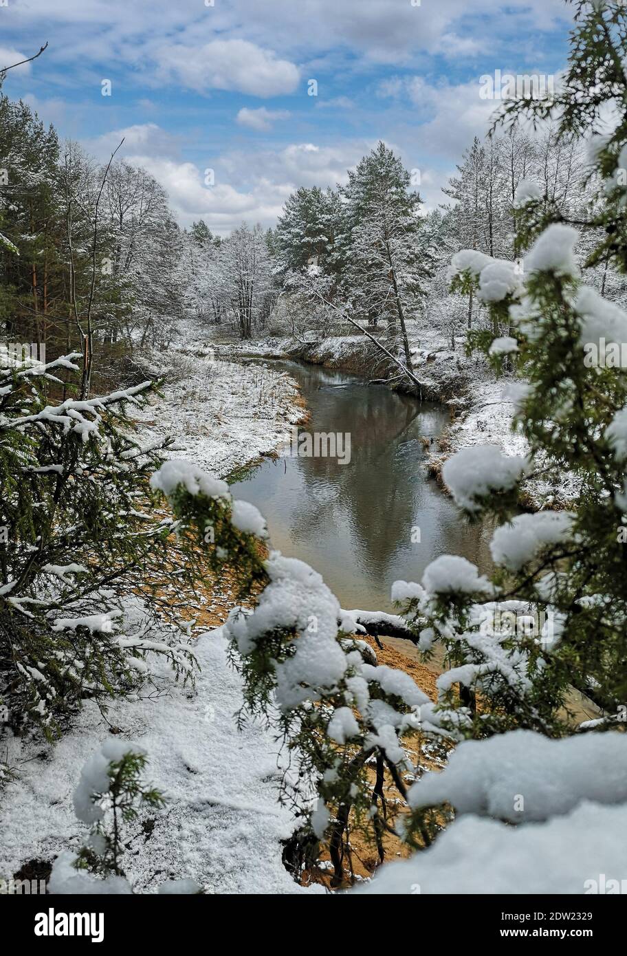 Beautiful winter landscape - river view through juniper branches. Minsk region, Belarus. High quality photo by phone. Stock Photo