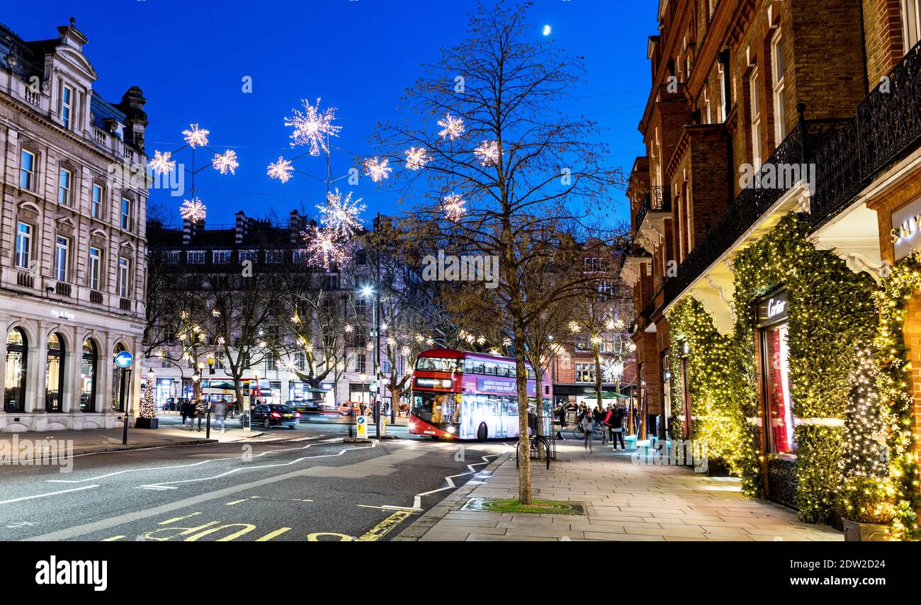 Christmas Decorations in Sloane Street London at Night Stock Photo