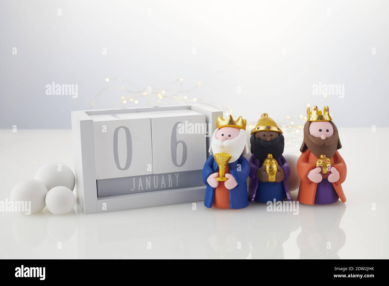 Happy Epiphany day, three kings day. Calendar with three kings on white