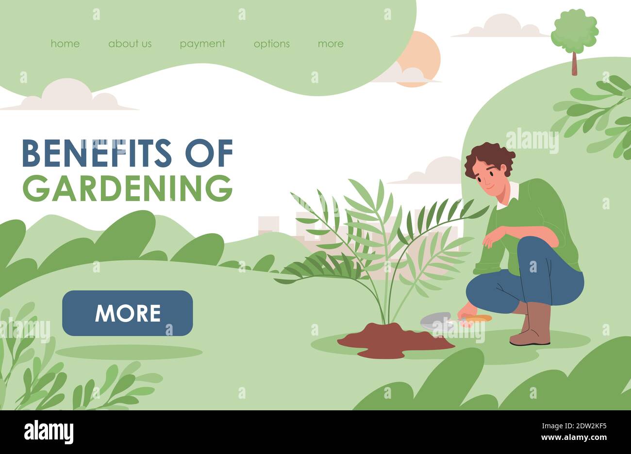 Benefits of gardening landing page template with text space. Happy smiling man in casual clothes working in the garden, planting tree or flower. Summer landscape, gardener hobby web template. Stock Vector