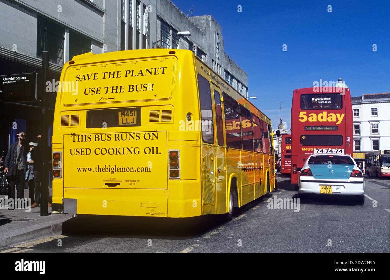 A bus fuelled by biodiesel made from used cooking oil, Churchill Square, Brighton. Stock Photo