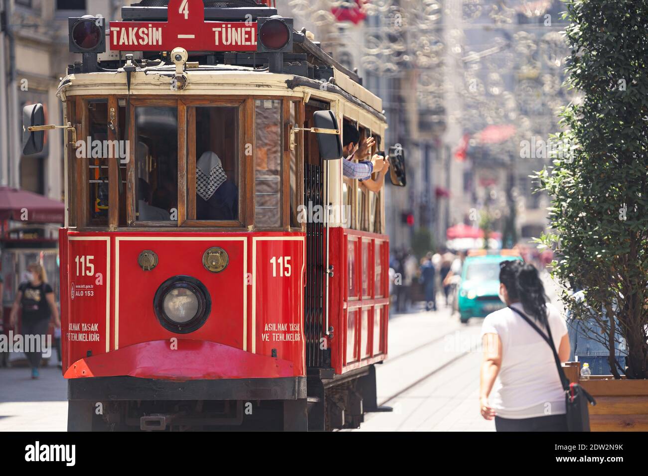 Turkey, Istanbul - June 2020 Red famous vintage tram Taksim square in Istanbul Stock Photo