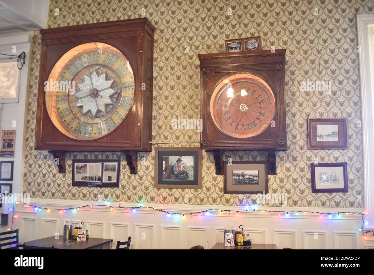 Tombstone, AZ. U.S.A. 12/15/2020.  Built circa 1879 as Golden Eagle Brewery. Rose from the 1882 fire as the Crystal Palace Saloon.  Beautiful bar. Stock Photo