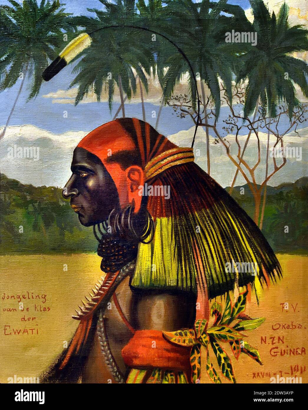 A Marind anim youth of the Ewati, class 1914 Okaba by Father Petrus Vertenten 1884 - 1946 Belgian Missionary of the Sacred Heart in Dutch New Guinea. Worked under the Marind-anim, a Papuan people in the wider area of Merauke that was notorious at the time for its headhunting and its bizarre, sexually-oriented fertility rituals. Stock Photo