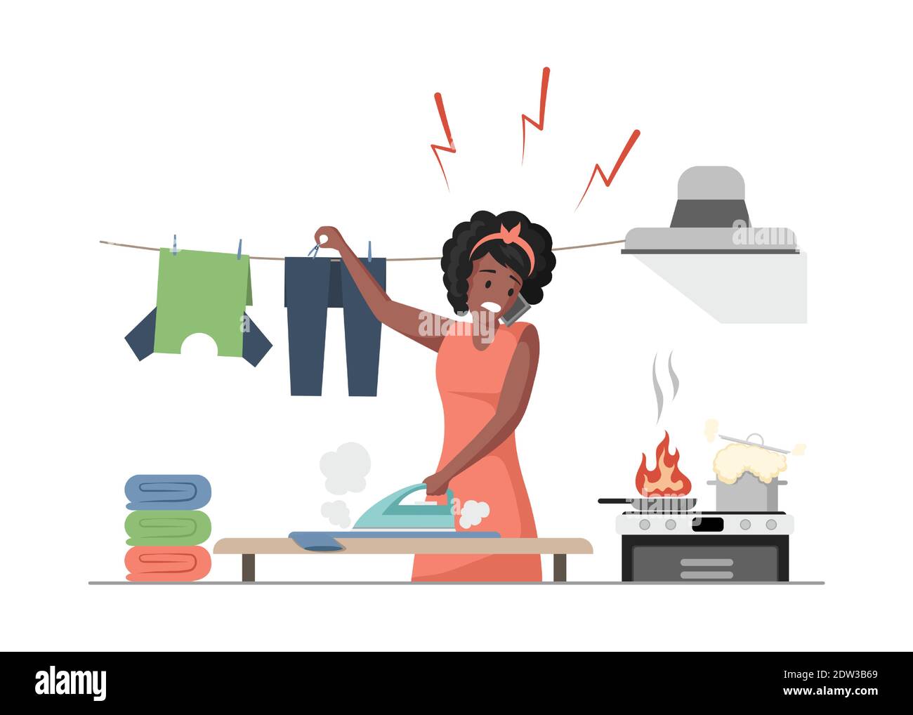 Housekeeping vector flat illustration. Multitasking woman cooking, ironing clothes and speaking at phone vector flat illustration. Busy female character in casual clothes doing domestic work. Stock Vector
