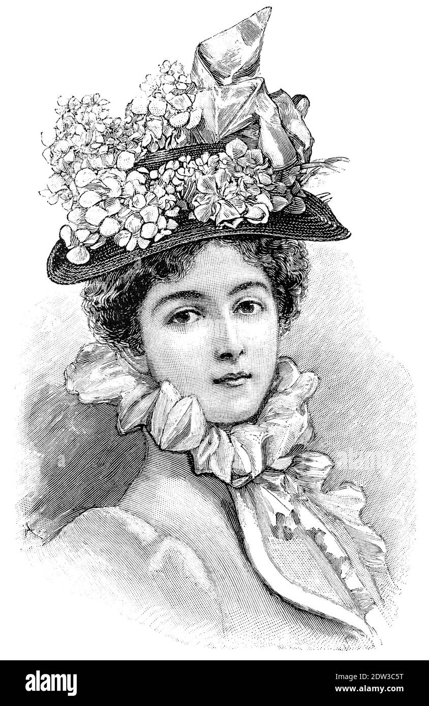 Women wearing vintage elegant hat. Antique fashion engraving from 