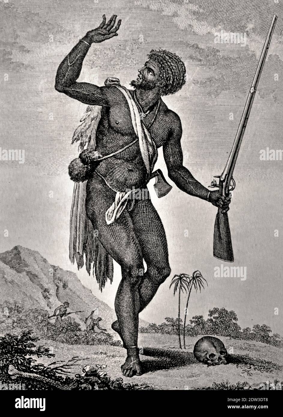 John Gabriel Stedman (1744 – 7 March 1797) was a Dutch-born Scottish colonial soldier, who wrote The Narrative of a Five Years Expedition against the Revolted Negroes of Surinam (1796). This narrative covers his years in Surinam as a soldier in the Dutch military deployed to assist local troops fighting against groups of escaped slaves ( black and white engraving etching ) Stock Photo
