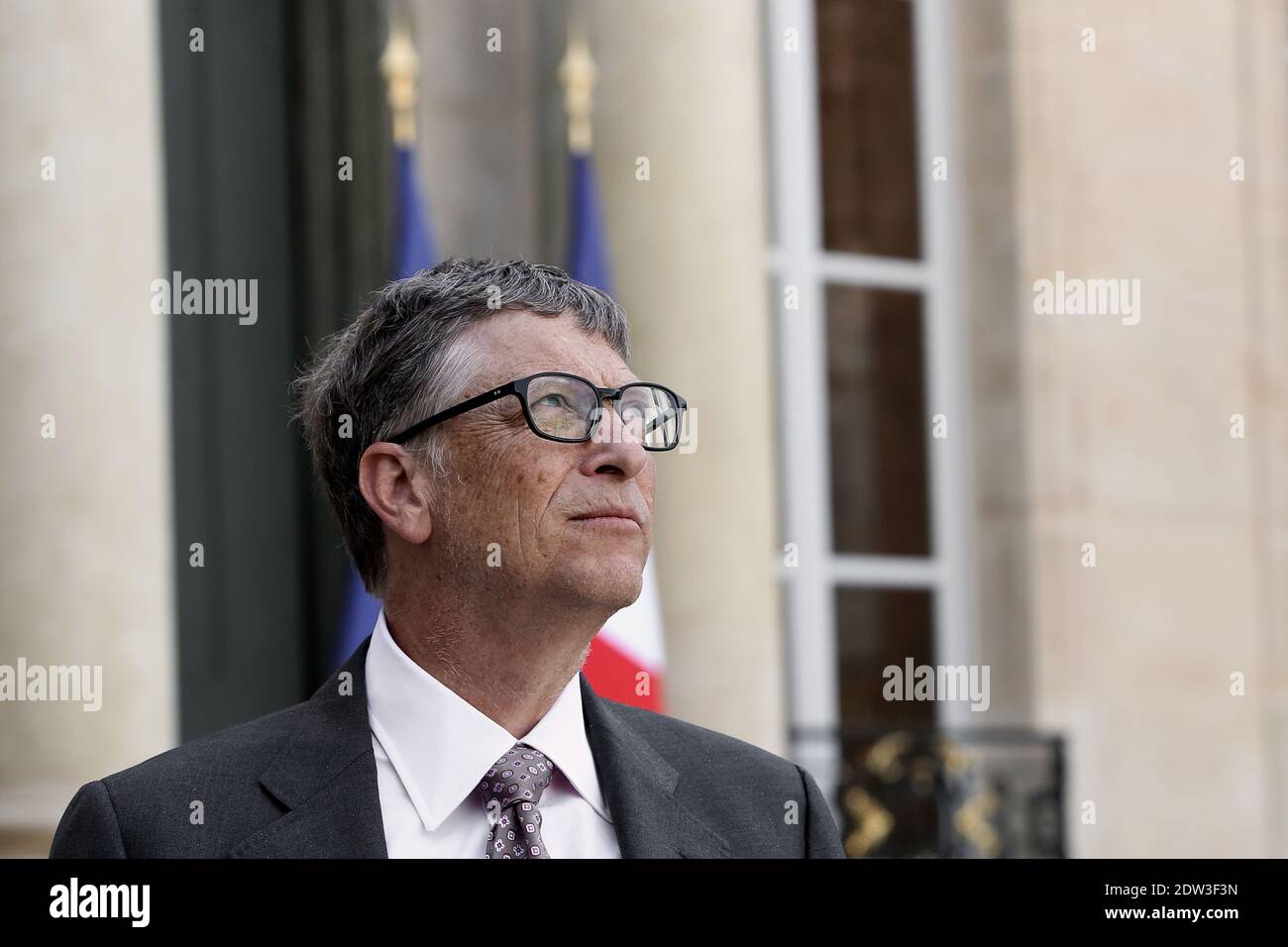 Bill Gates, the co-Founder of the Microsoft company and co-Founder of the Bill and Melinda Gates Fondation, answers to medias after his meeting with President Francois Hollande at the Elysee Presidential Palace, in Paris, France, on April 1, 2014. Photo by Stephane Lemouton/ABACAPRESS.COM Stock Photo