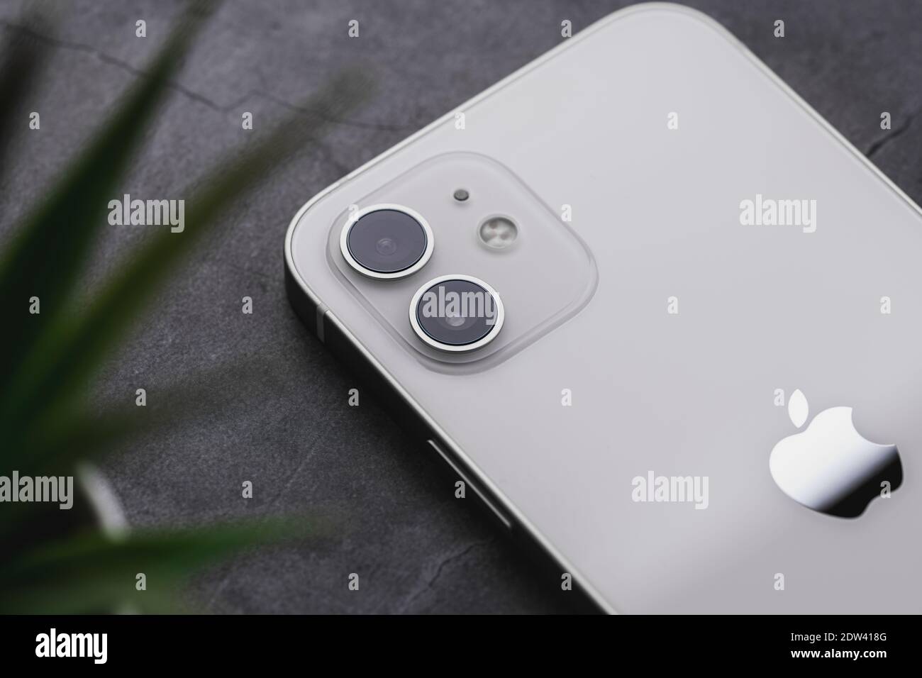 Antalya, Turkey - December 23, 2020: Back view of new iPhone 12 white smartphone Stock Photo