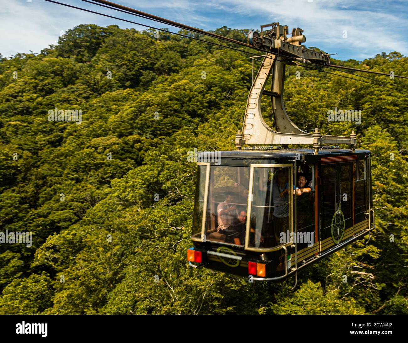 Cable car to Kunozan Toshogu Ticket in Shizuoka, Japan. The Nihondaira Ropeway, which connects Mount Nihondaira and Mount Kunozan. Stock Photo