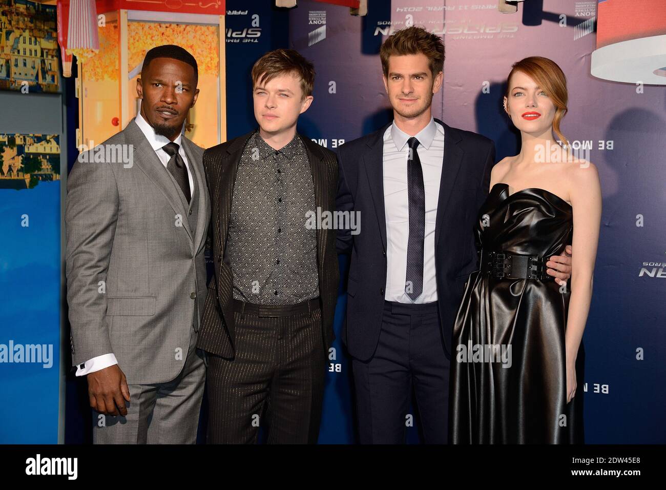 Jamie Foxx, Dane DeHaan, Andrew Garfield and Emma Stone attending the premiere of the film The Amazing Spiderman 2 held at Le Grand Rex in Paris France on April 11, 2014. Photo by Nicolas Briquet/ABACAPRESS.COM Stock Photo