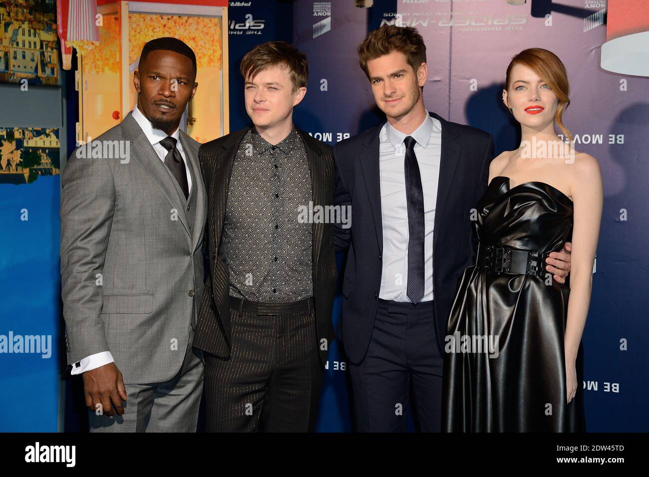 Jamie Foxx, Dane DeHaan, Andrew Garfield and Emma Stone attending the premiere of the film The Amazing Spiderman 2 held at Le Grand Rex in Paris France on April 11, 2014. Photo by Nicolas Briquet/ABACAPRESS.COM Stock Photo