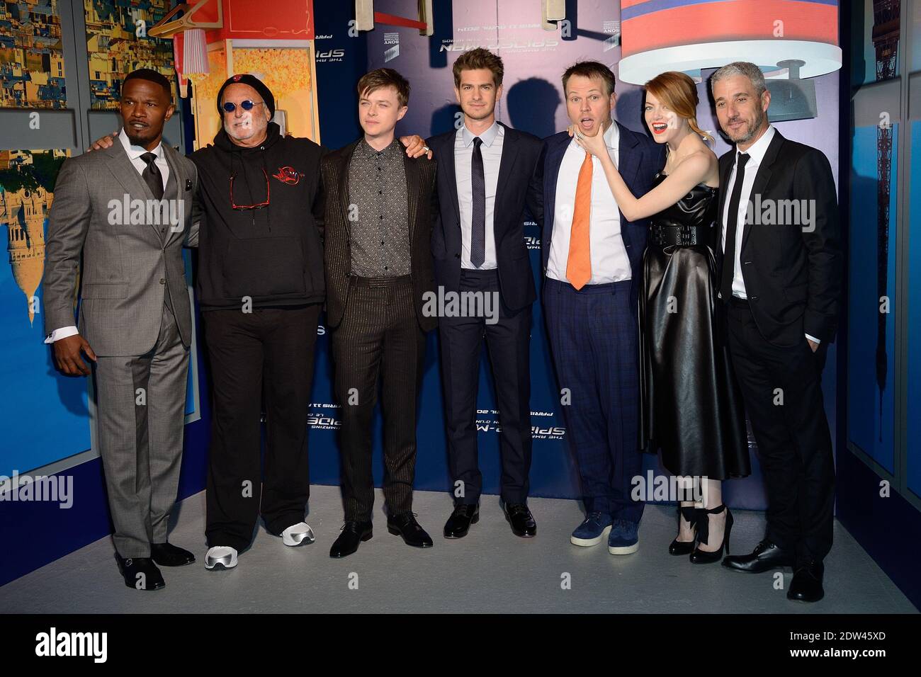 Jamie Foxx, Avi Arad, Dane DeHaan, Andrew Garfield, Marc Webb, Emma Stone and Matt Tolmach attending the premiere of the film The Amazing Spiderman 2 held at Le Grand Rex in Paris France on April 11, 2014. Photo by Nicolas Briquet/ABACAPRESS.COM Stock Photo