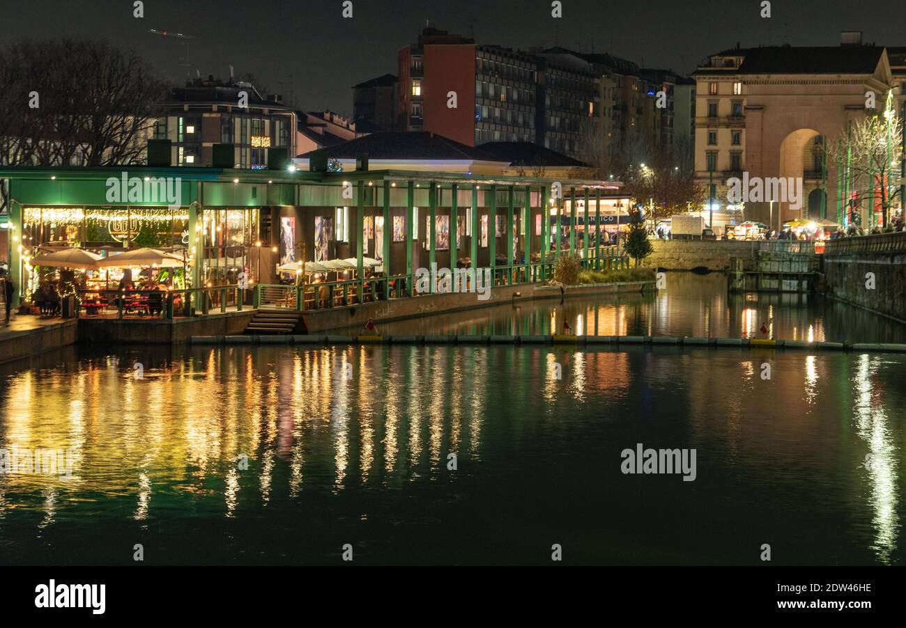 Long exposure photography of Darsena in Porta Ticinese at night.Milan,Lombardy,Italy. Stock Photo