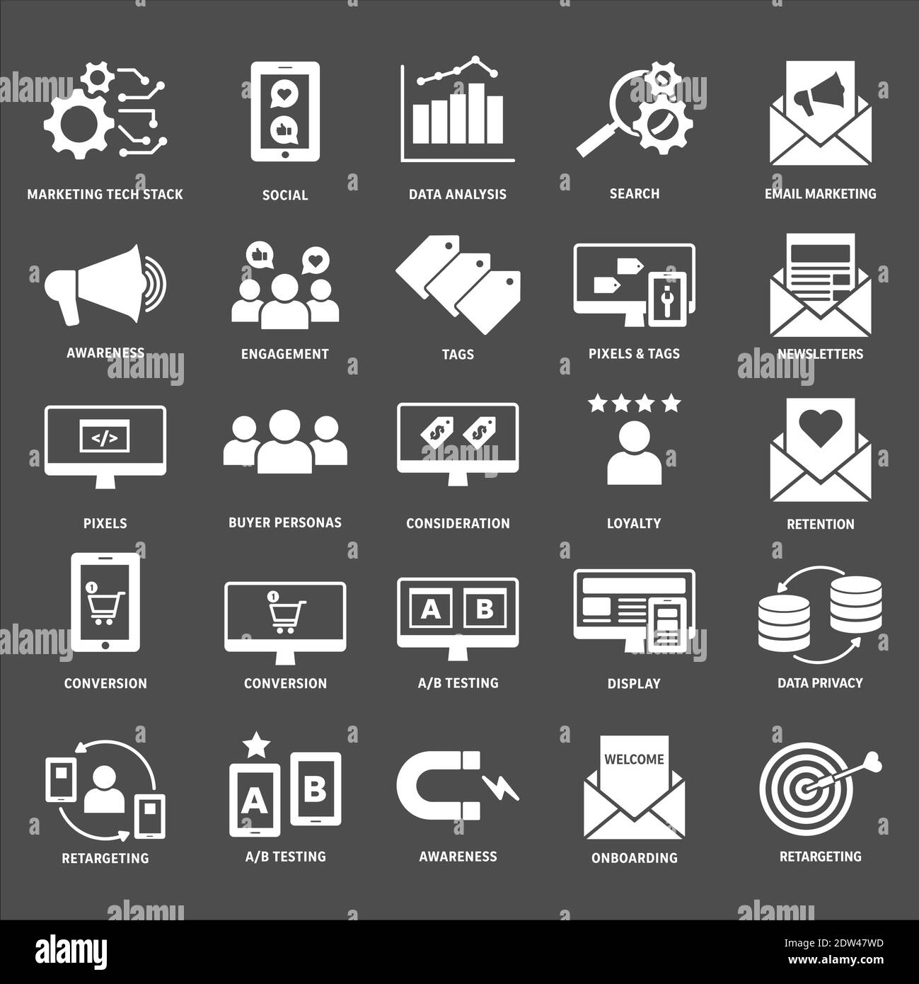 Reversed or white digital marketing, marketing technologies, customer journey icon set on dark gray background Stock Vector