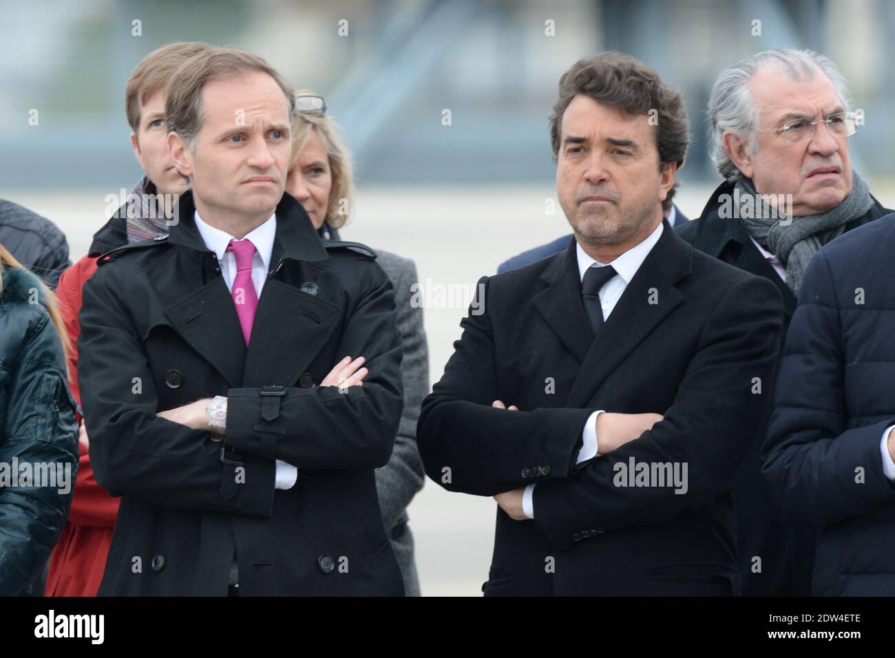 L-R : Fabien Namias, Arnaud Lagardere and Serge July at Villacoublay military base, near Paris, France, on April 20th, 2014. Photo by Ammar Abd Rabbo/ABACAPRESS.COM Stock Photo