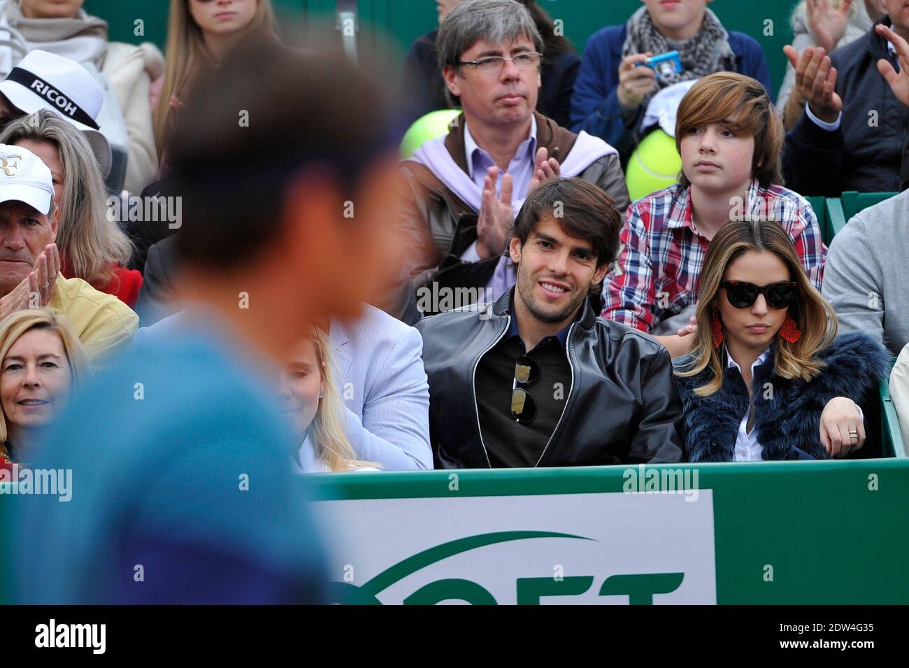 Ricardo Kaka and Caroline Celico watch Stanislas Wawrinka playing Roger  Federer in their final match at the Monte-Carlo Rolex Masters Tennis  Tournament in Monaco on April 20, 2014. Photo by Corinne  Dubreuil/ABACAPRESS.COM