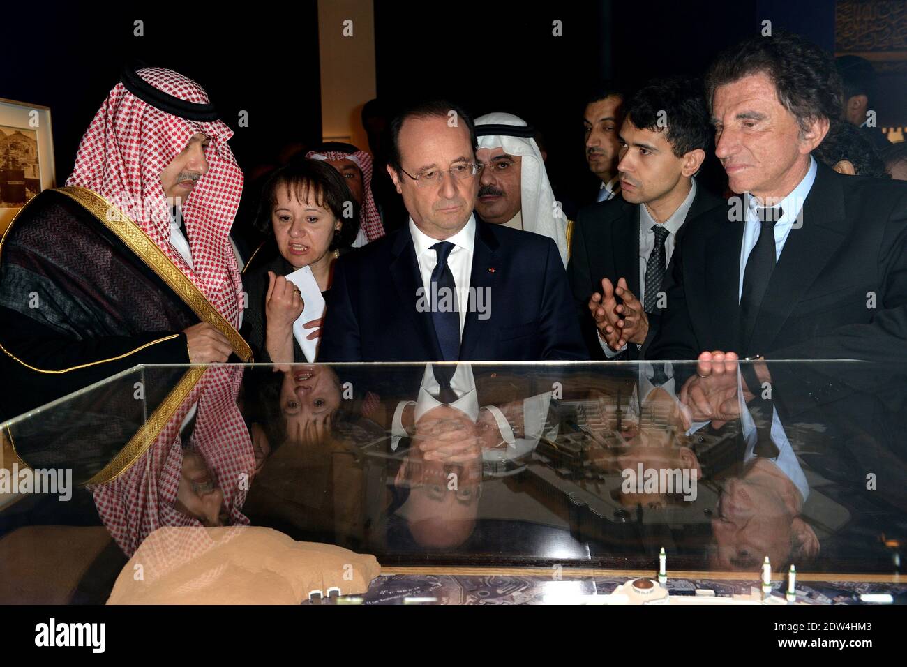 L-R : Saudi Prince Abdulaziz Bin Abdullah Al Saud (vice Foreign Affairs Minister) and French president Francois Hollande, and IMA president Jack Lang (right) attend inauguration of an exhibition about the 'hajj' or 'pilgrimage' at the Institut du Monde Arabe in Paris, France, on April 22, 2014. It will stay until the end of August 2014. Photo by Ammar Abd Rabbo/ABACAPRESS.COM Stock Photo
