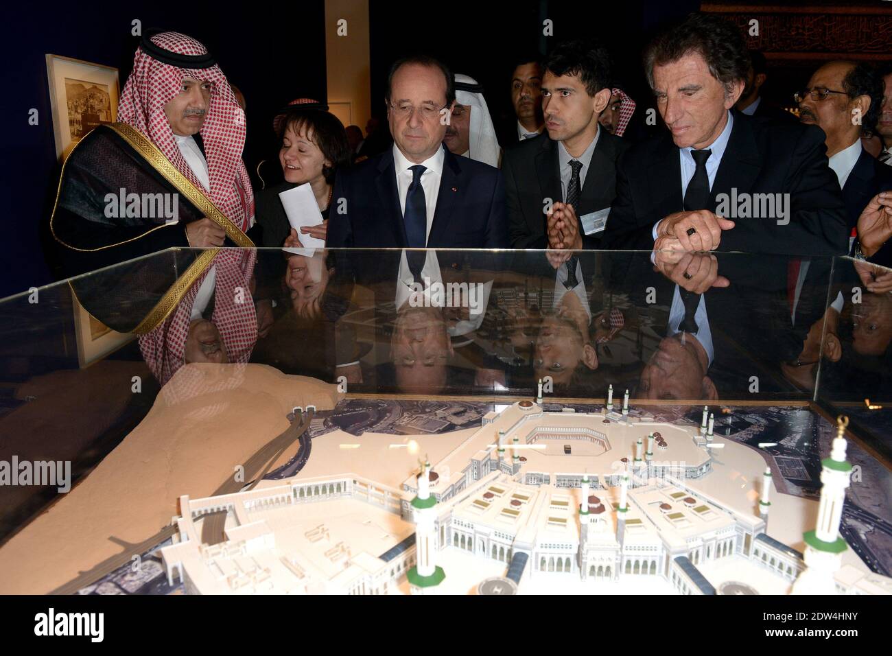 L-R : Saudi Prince Abdulaziz Bin Abdullah Al Saud (vice Foreign Affairs Minister) and French president Francois Hollande, and IMA president Jack Lang (right) attend inauguration of an exhibition about the 'hajj' or 'pilgrimage' at the Institut du Monde Arabe in Paris, France, on April 22, 2014. It will stay until the end of August 2014. Photo by Ammar Abd Rabbo/ABACAPRESS.COM Stock Photo