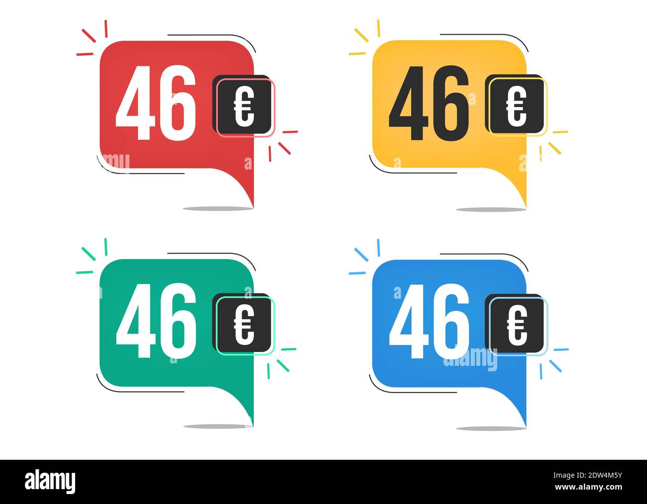 46 euro price. Yellow, red, blue and green currency tags with speech balloon concept Stock