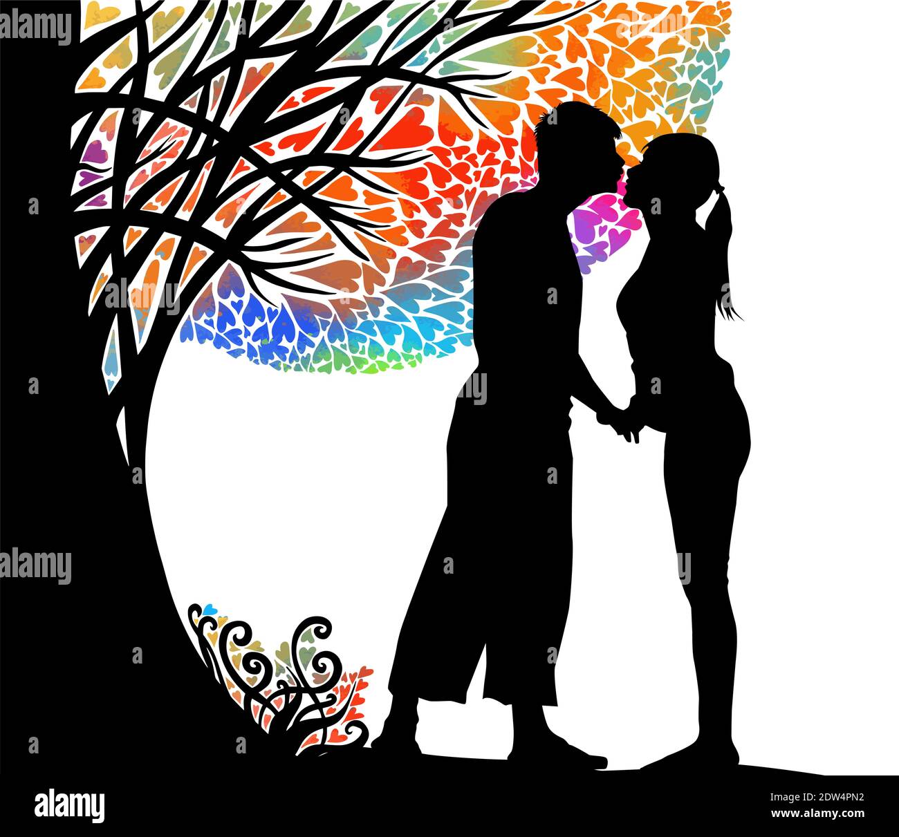A couple in love kisses under a tree. Happy Valentine's Day. Vector illustration Stock Vector