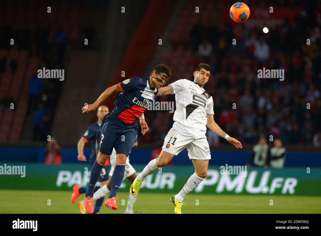 PSG's Thiago Silva battling Rennes's Nelson Oliveira during the French League One soccer match, Paris-St-Germain vs Rennes in Parc des Princes, Paris, France, on May 7th, 2014.. Rennes won 2-1 bit PSG became French League One Champion. Photo by Henri Szwarc/ABACAPRESS.COM Stock Photo