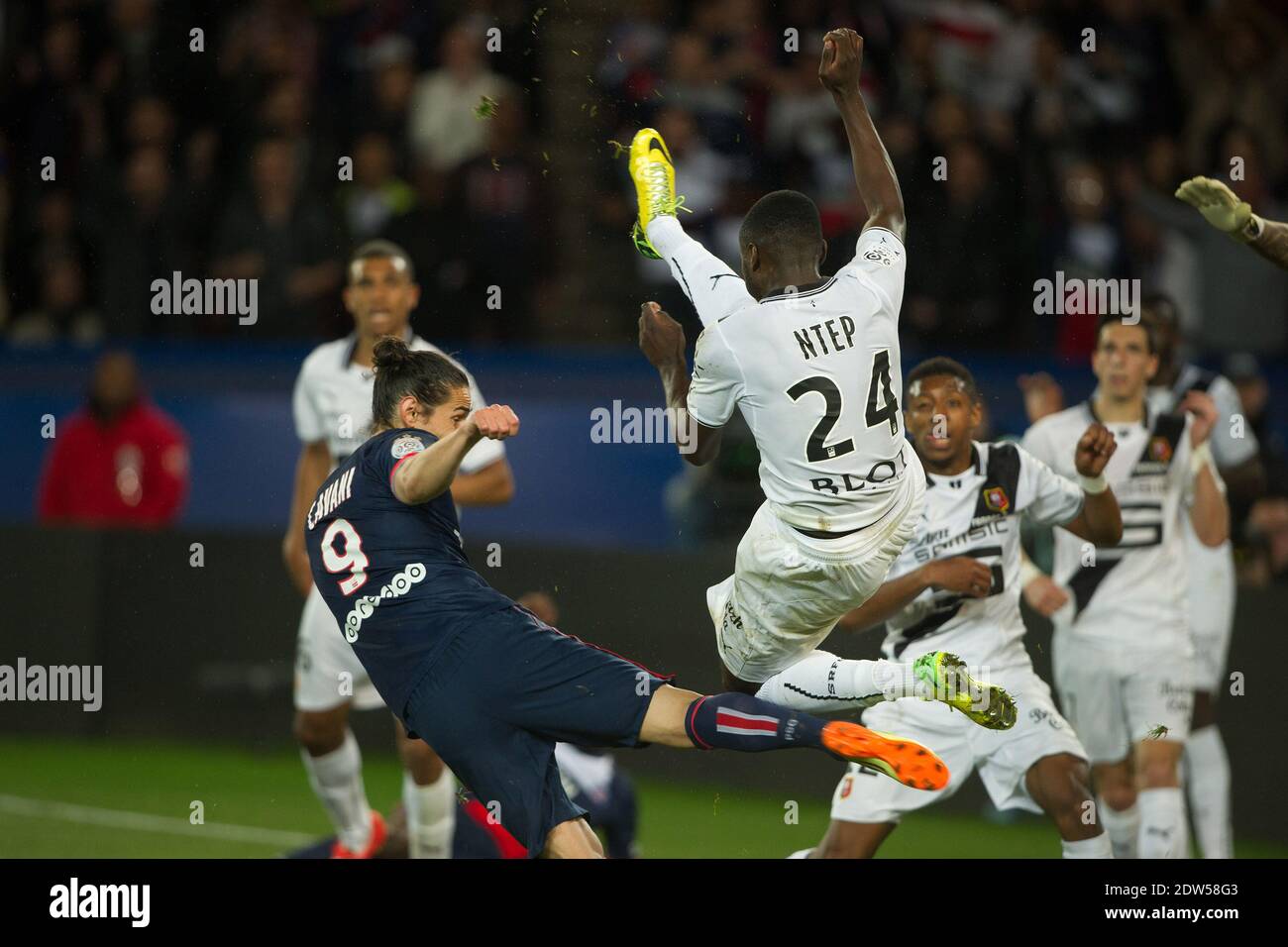 Edinson Cavani and Paul Georges Ntep during the French First League soccer match Paris Saint Germain Vs Rennes at Parc des Princes stadium in Paris France on May 07th 2014. Rennes won 2 1. Photo