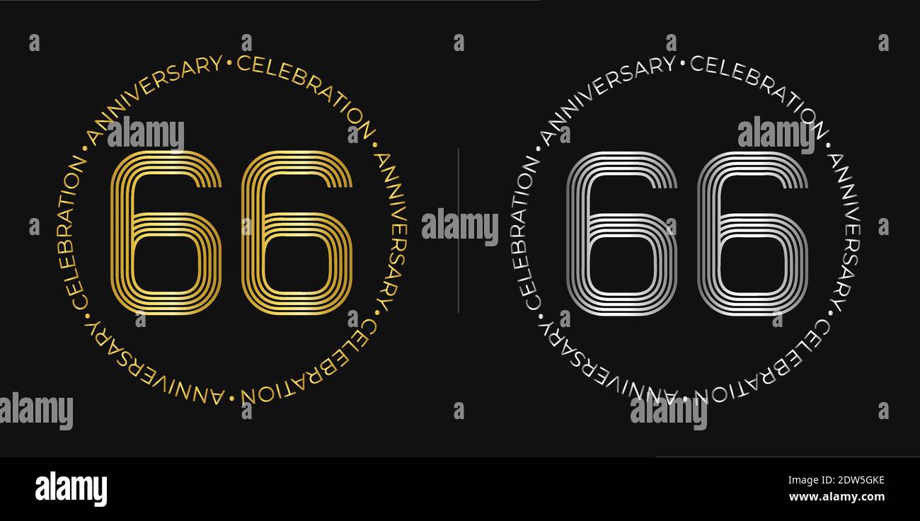 66th birthday. Sixty-six years anniversary celebration banner in golden and silver colors. Circular logo with original numbers design. Stock Vector