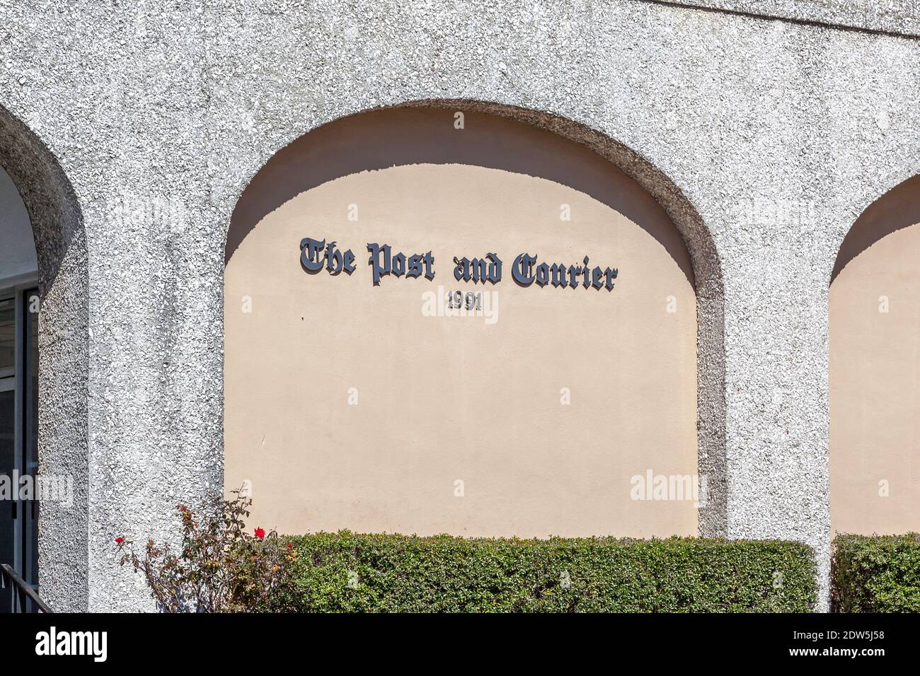 The Post and Courier sign on the building at their headquarters in