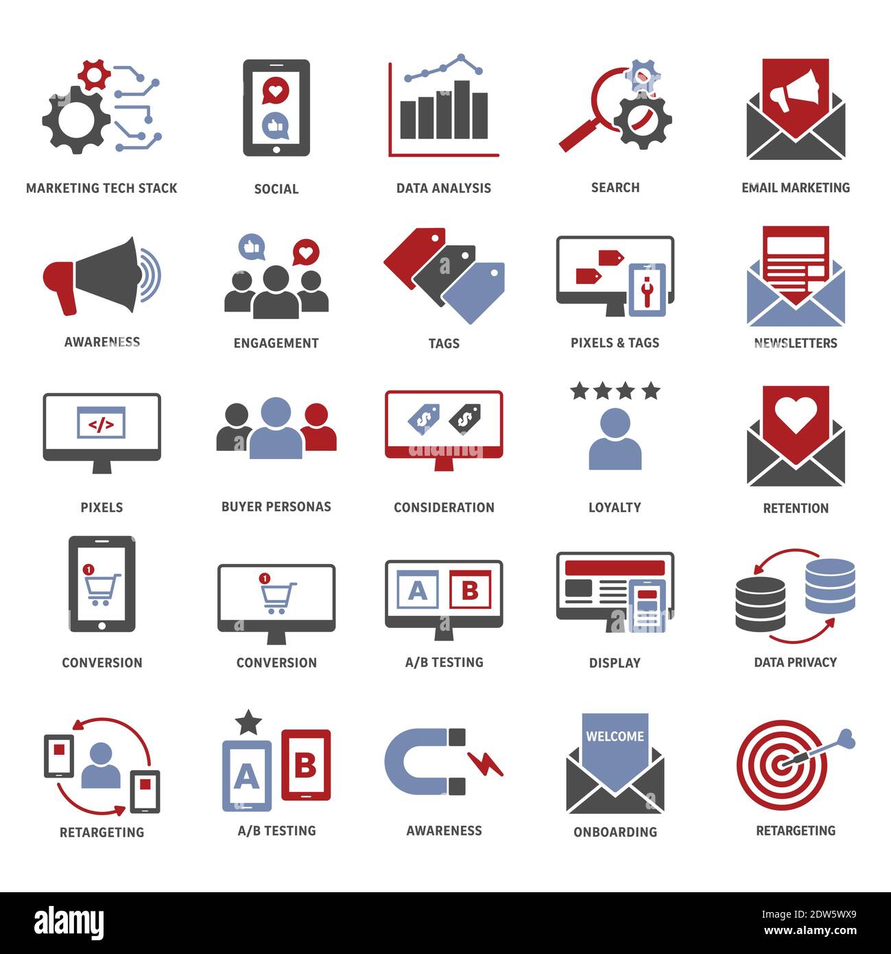 Blue, red, dark gray digital marketing, consumer funnel, marketing technologies, customer journey icon set. Stock Vector