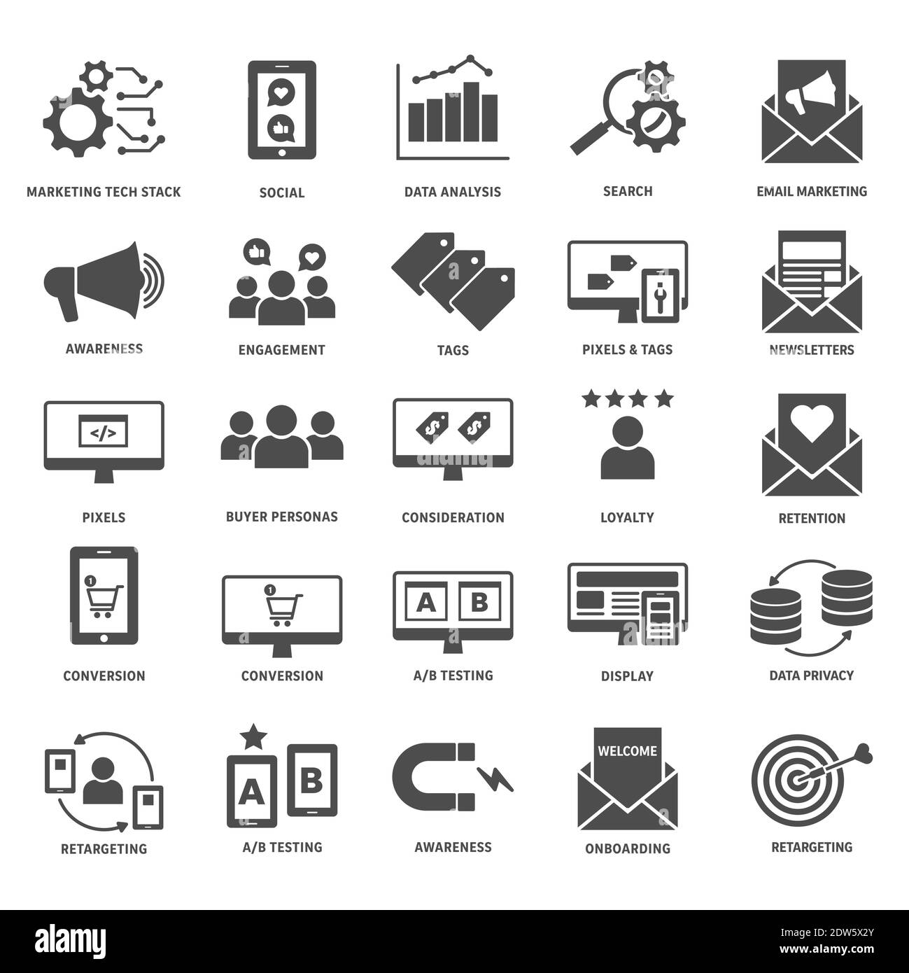 Dark gray digital marketing, marketing technologies, customer journey icon set. Stock Vector