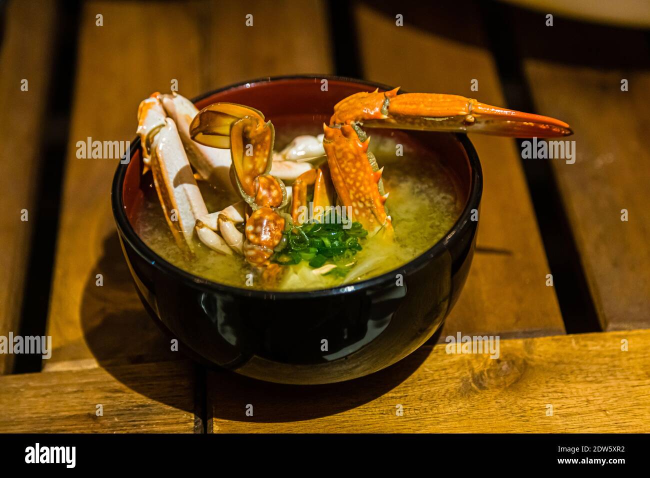 Miso soup with fresh chowder. The self-fished crayfish becomes a very sustainable culinary experience. Spearfishing on Lake Hanama, Hamamatsu, Japan Stock Photo