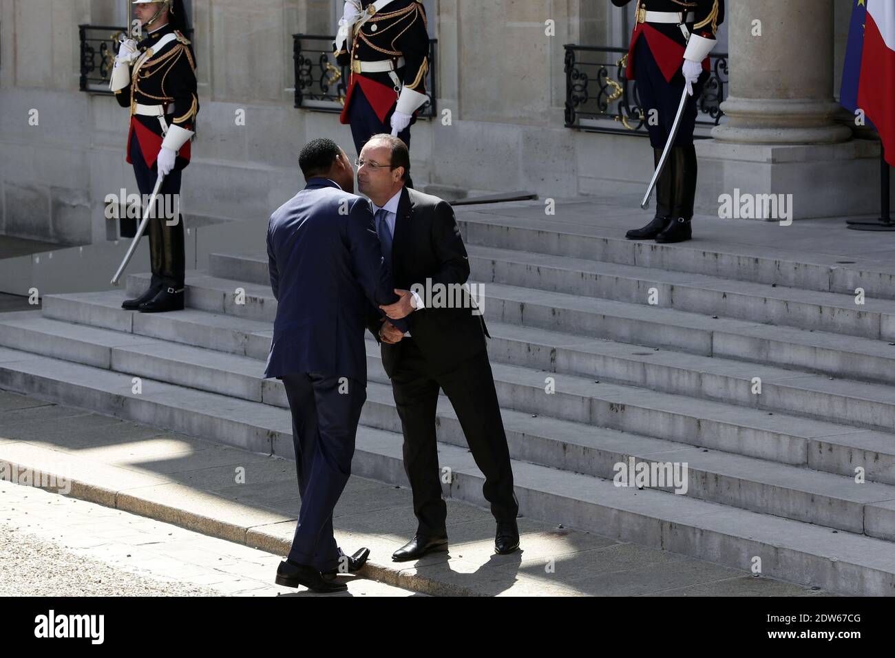 French President Francois Hollande welcomes Niger's president Mahamadou Issoufou prior to an African security summit to discuss the Boko Haram threat to regional stability, at the Elysee palace in Paris, on May 17, 2014. Photo by Stephane Lemouton/ABACAPRESS.COM Stock Photo
