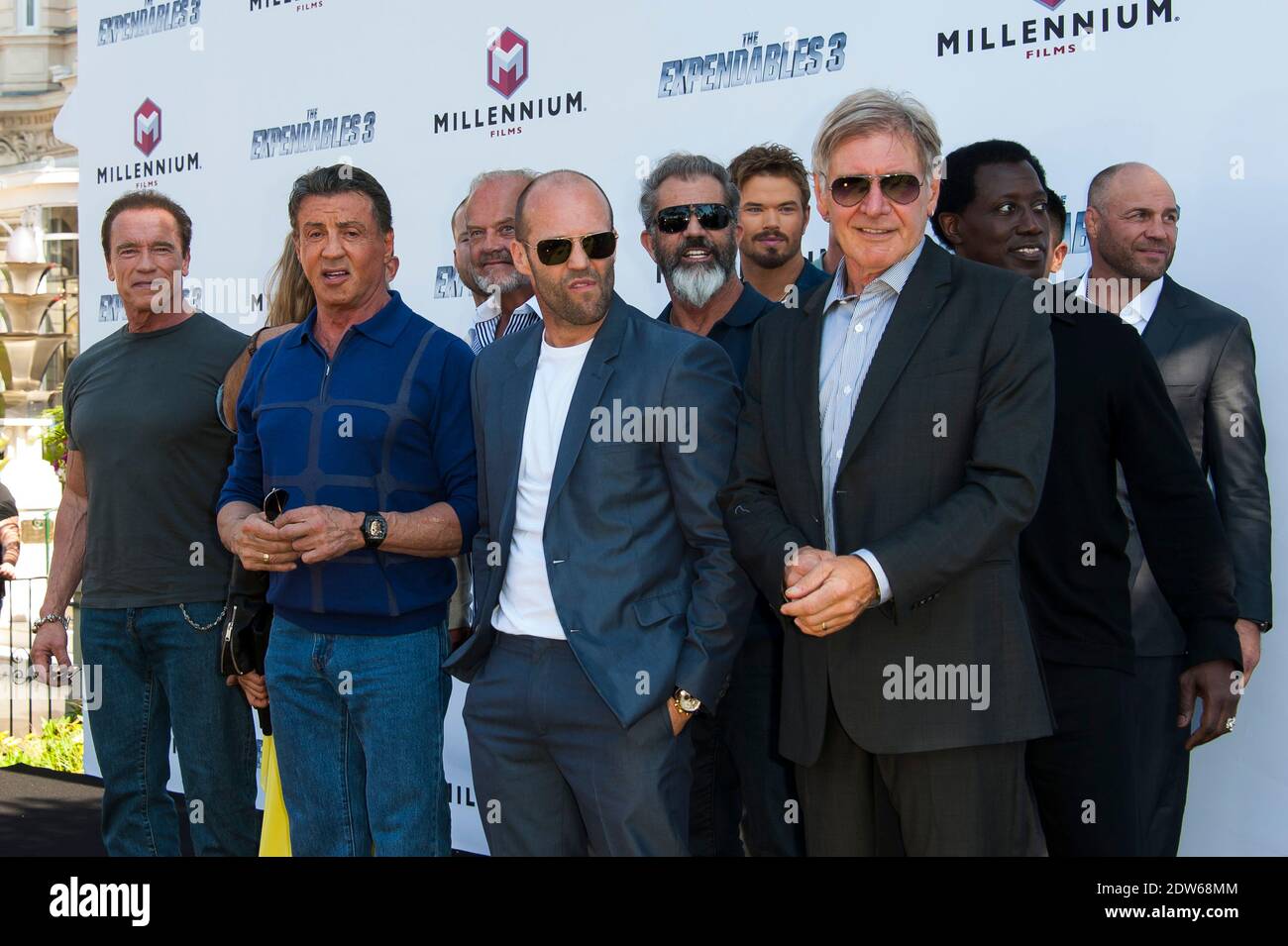 The cast including Director Patrick Hughes, Sylvester Stallone, Jason Statham, Harrison Ford, Wesley Snipes, Dolph Lundgren, Glen Powell, Randy Couture, Antonio Banderas, Arnold Schwarzenegger, Kellan Lutz and Natalie Burn arriving at the photocall of the film Expendables 3 as part of the 67th Cannes International Film Festival in Cannes, southern France on May 18, 2014. Photo by Nicolas Genin/ABACAPRESS.COM Stock Photo
