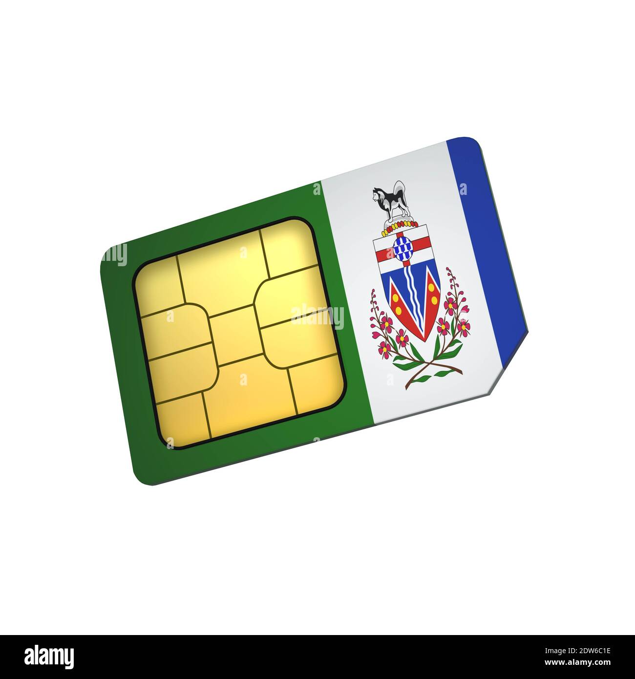 3D mobile phone sim card chip with Flag of Yukon isolated on a white background. 3d Rendering Stock Photo