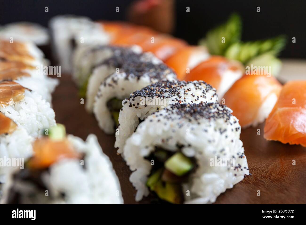 Set of sushi rolls deliciously laid out on a platter Stock Photo