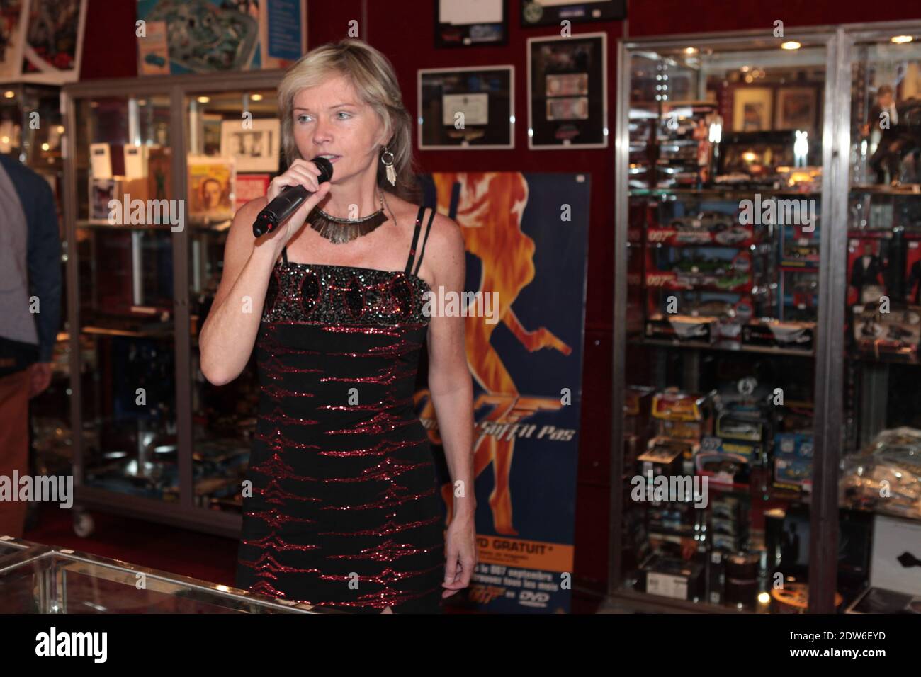 Exclusive. Former James Bond Girl Polish-born French actress Irka Bochenko ('Moonraker, 1979) performs live at a press preview of film memorabilia including James Bond items ahead of an auction, at Hotel Drouot in Paris, France on May 17, 2014. Photo by Audrey Poree/ABACAPRESS.COM Stock Photo