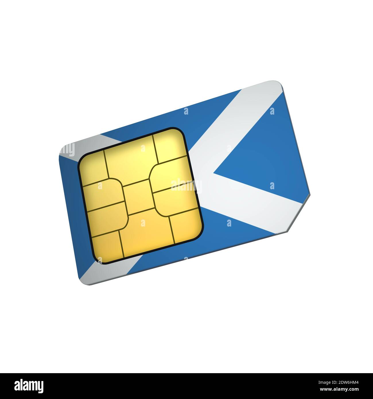 3D mobile phone sim card chip with Flag of Scotland isolated on a white background. 3d Rendering