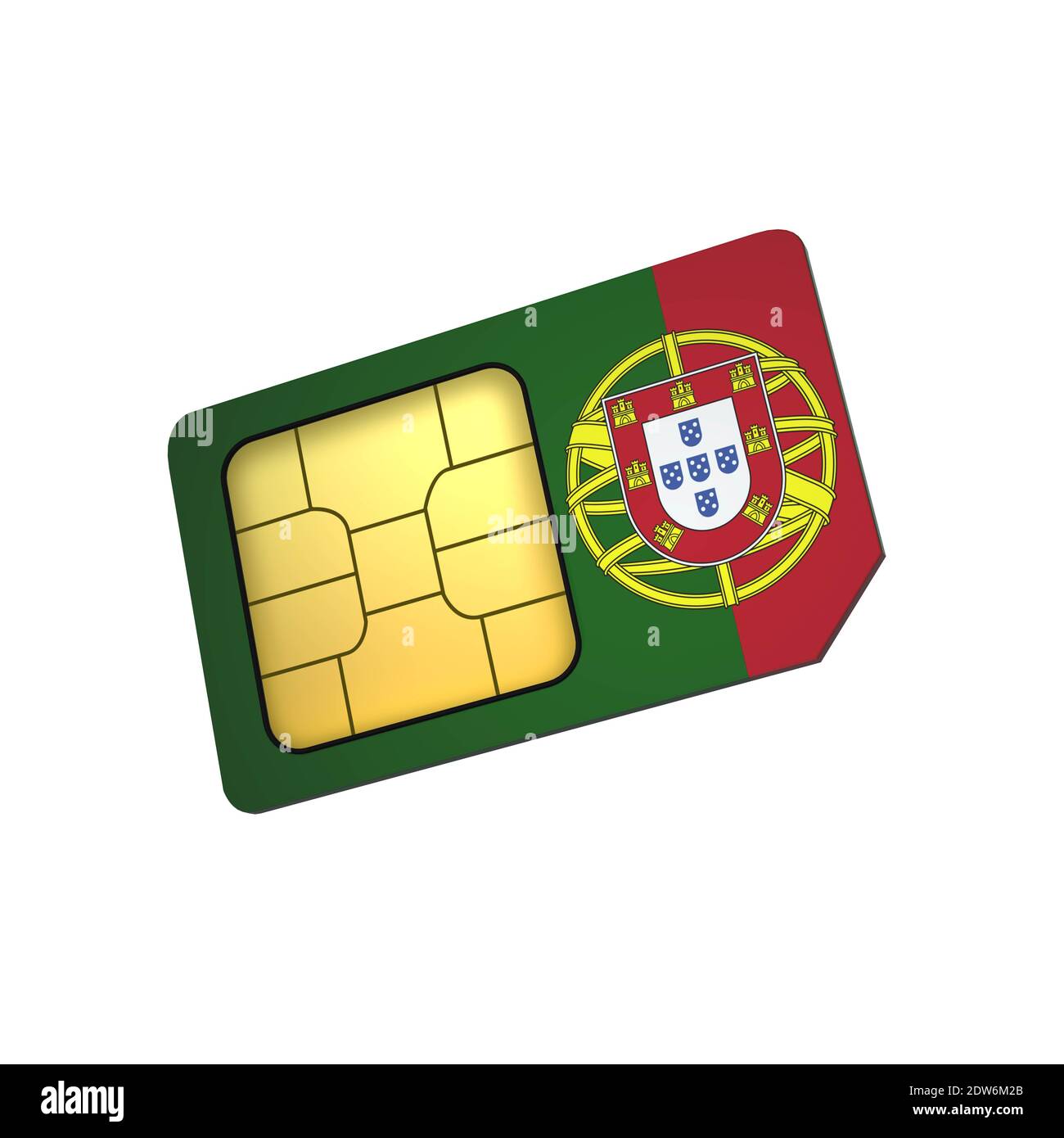 3D mobile phone sim card chip with Flag of Portugal isolated on a white background. 3d Rendering Stock Photo